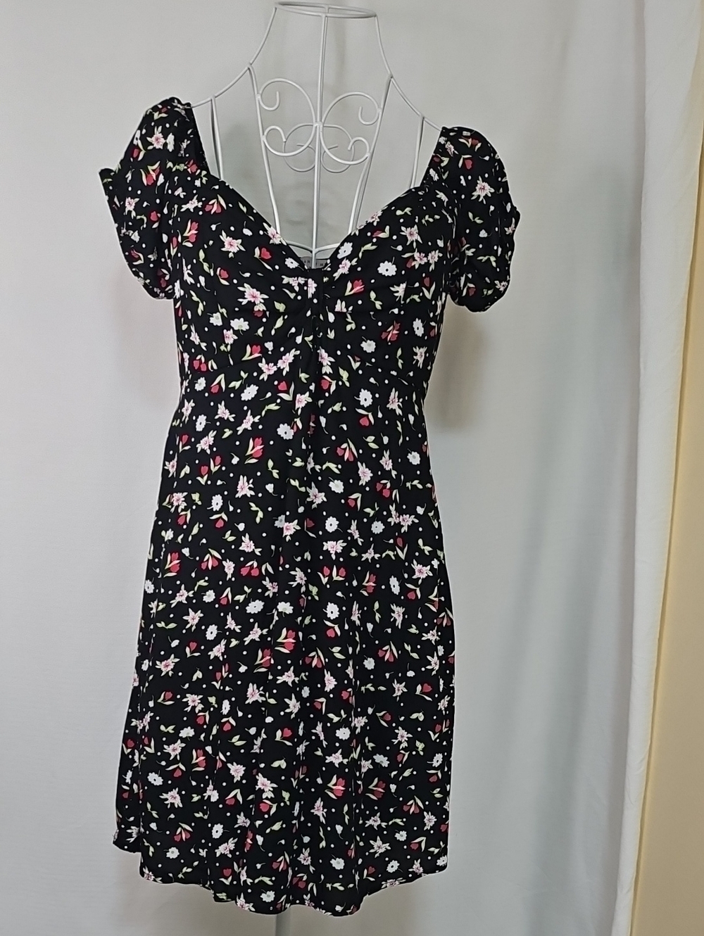 Black Floral Mini Dress with Puff Sleeves